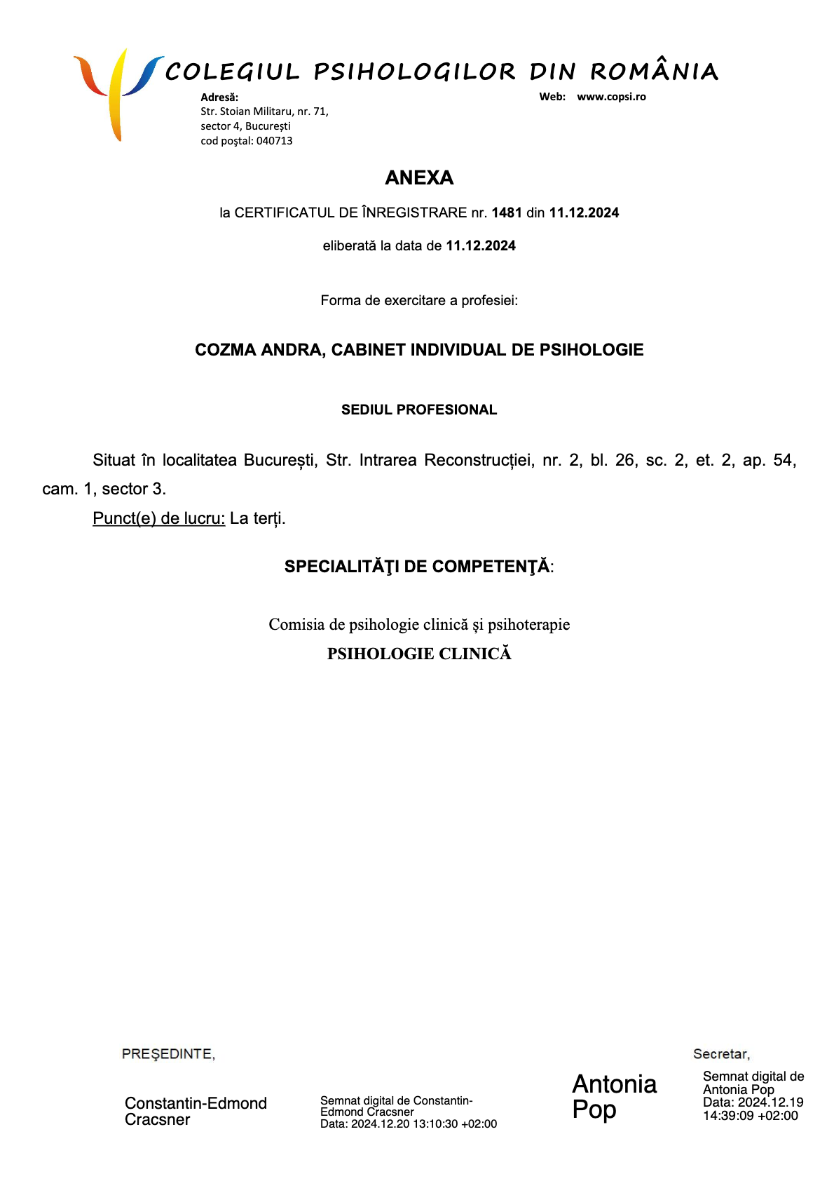 Anexă certificat înregistrare Cabinet psihologie