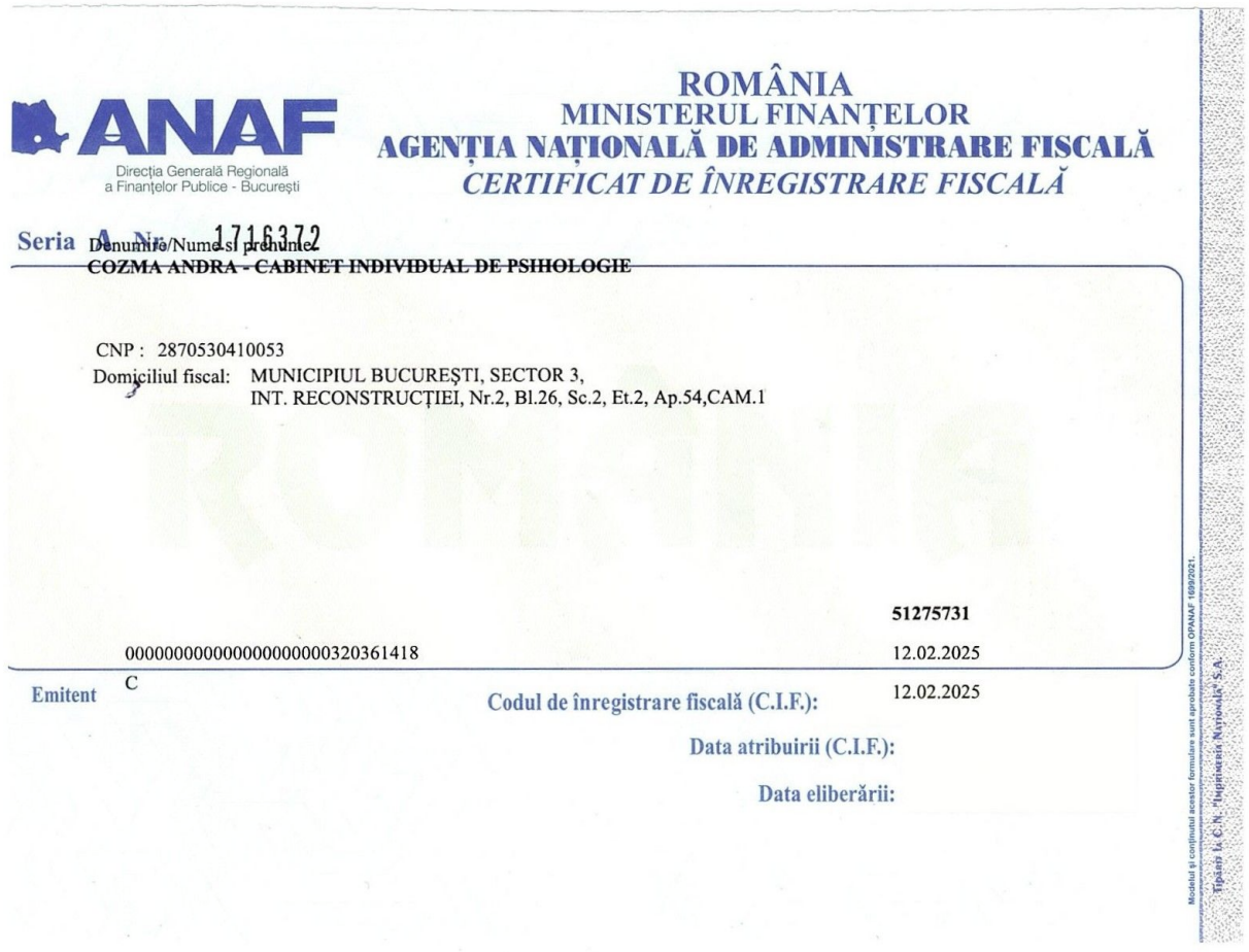 Certificat înregistrare fiscală cabinet