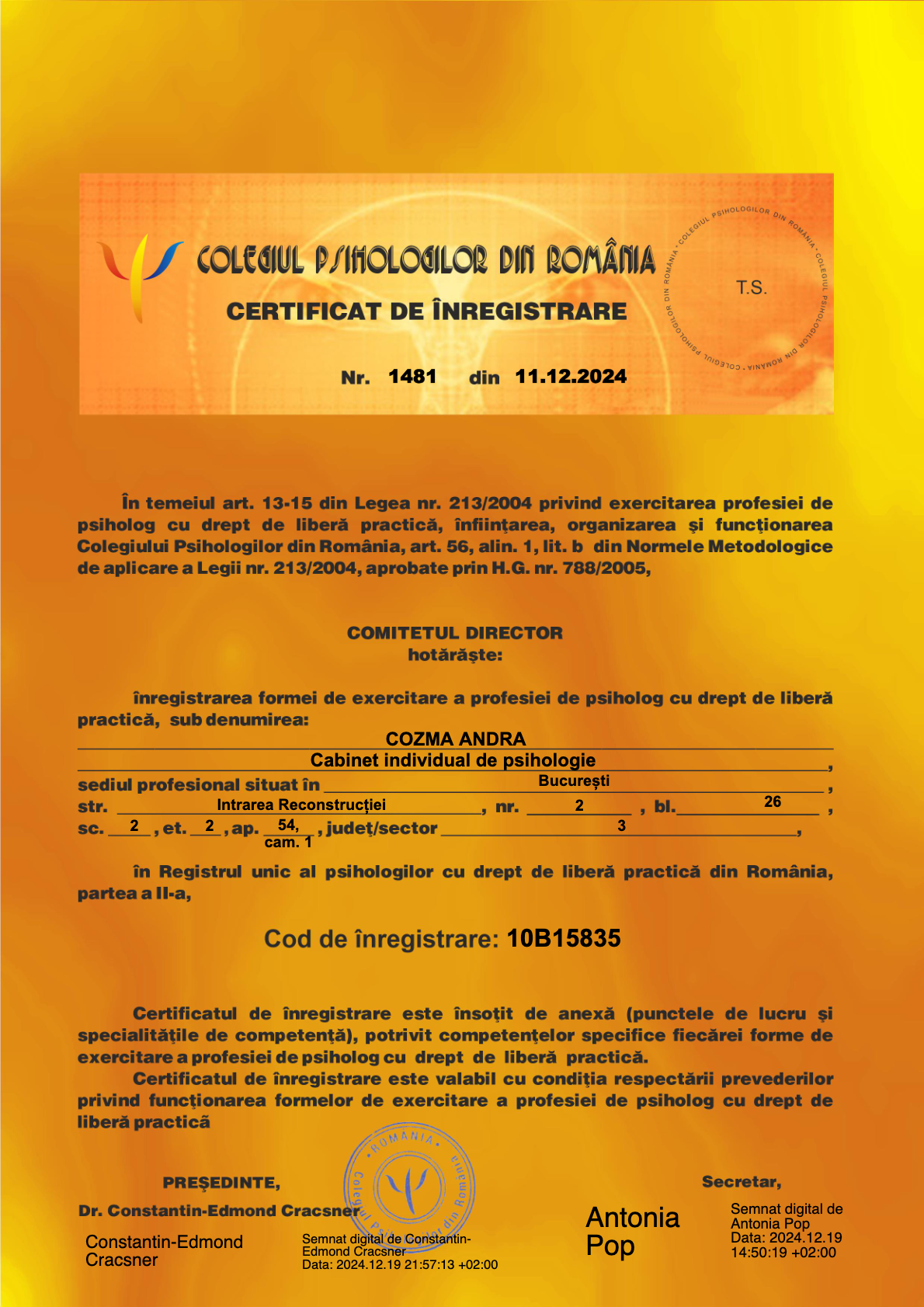 Certificat înregistrare Andra Cozma - Cabinet Individual Psihologie