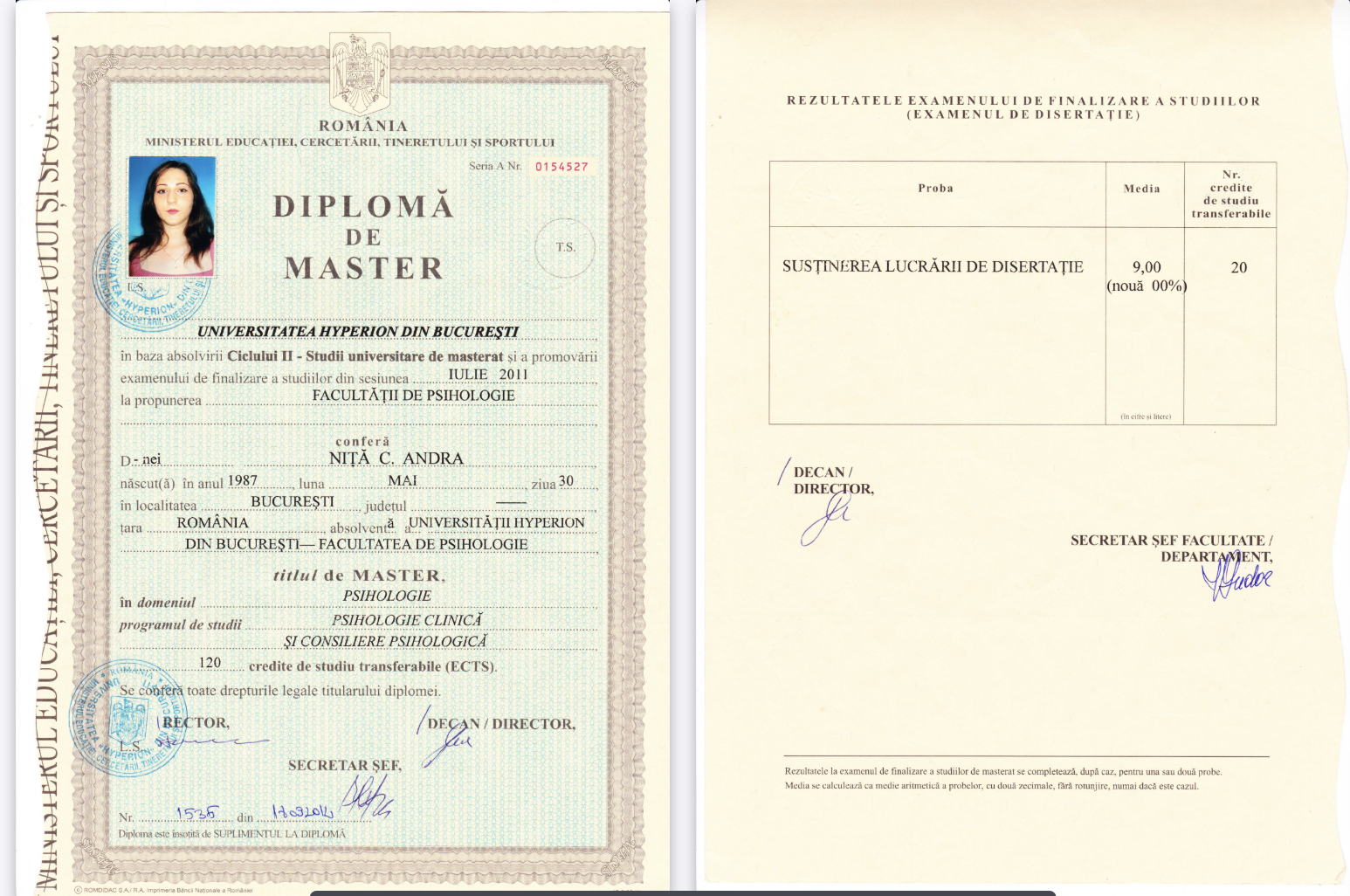 Diplomă master - specializare: „Psihologie clinică și consiliere psihologică”